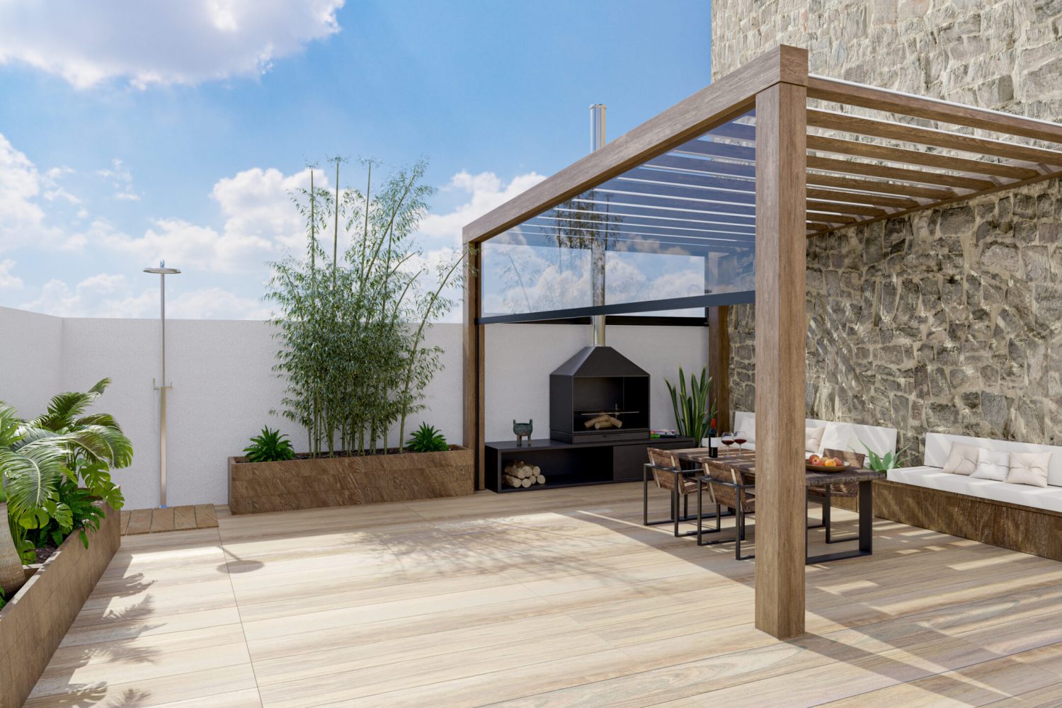 3d,Render,Of,Urban,Terrace,With,Natural,Plants,And,Teak